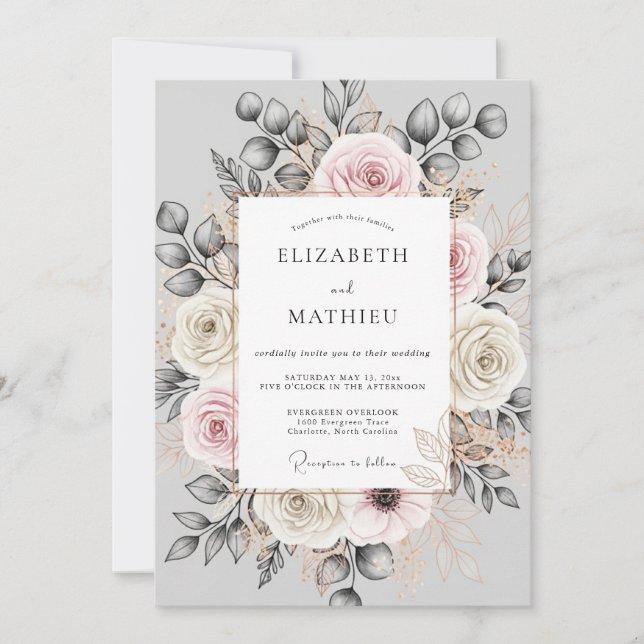 Invitation Mariage Fleuris Ornés Charbon de Bois (Devant)
