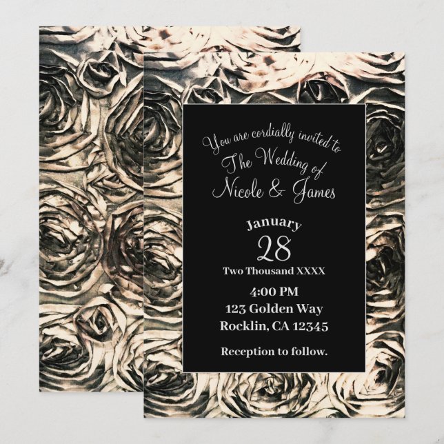 Invitation Mariage Fleuris Rustique Bronze Oré Roses Glamour (Devant / Derrière)