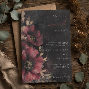 Invitation Mariage Fleuris Sombres Bourguignon et Noir