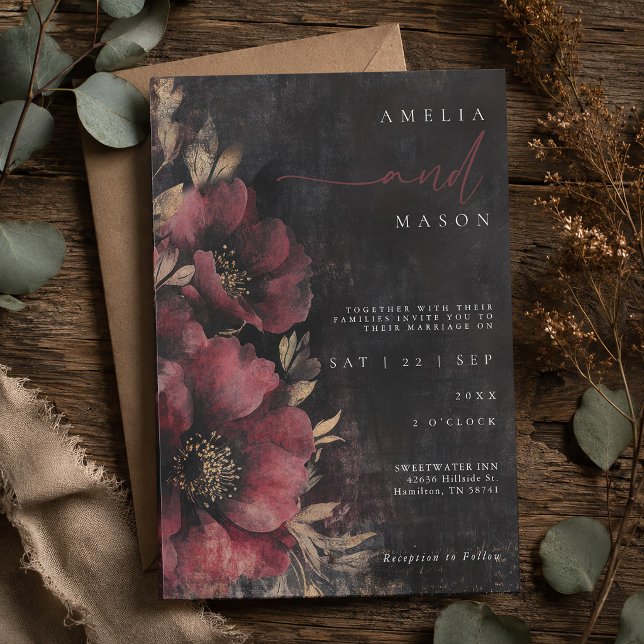Invitation Mariage Fleuris Sombres Bourguignon et Noir (Dark Moody Floral Burgundy and Black Wedding Invitation)