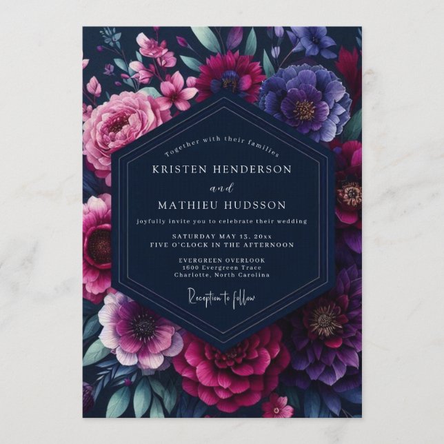 Invitation Mariage Fleuris Somptueux Bleu Nuit (Devant)
