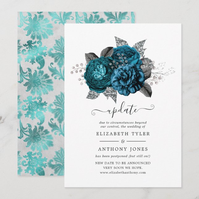 Invitation Mariage Fleuris Turquoise, Noir et Argent Mise à J (Devant / Derrière)