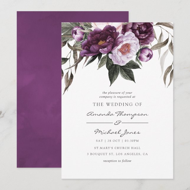 Invitation Mariage Fleuris Velours Profond (Devant / Derrière)