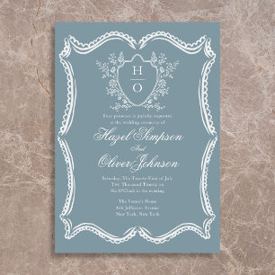 Invitation Mariage Fleuris Vintage Blason Dentelle Bleu Franç