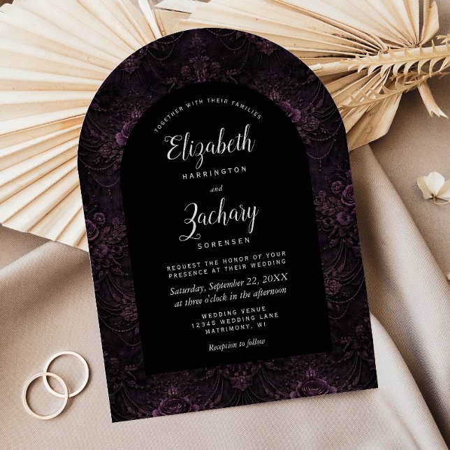 Invitation Mariage Fleuris Violet Sombre Noir Arche (Créateur téléchargé)