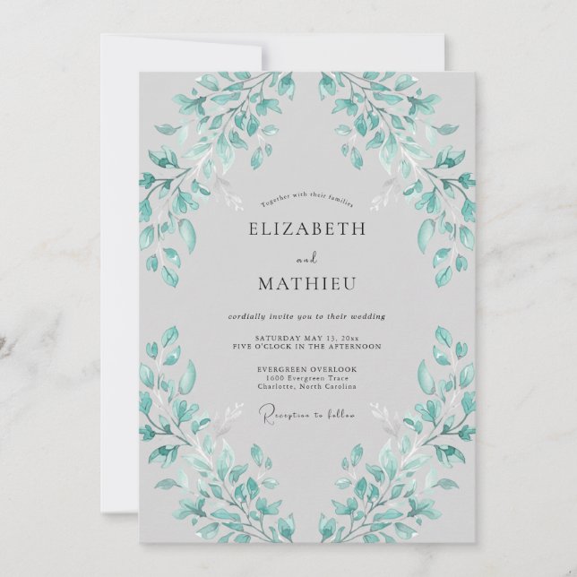 Invitation Mariage Fleurissant à Feuille de Teal (Devant)