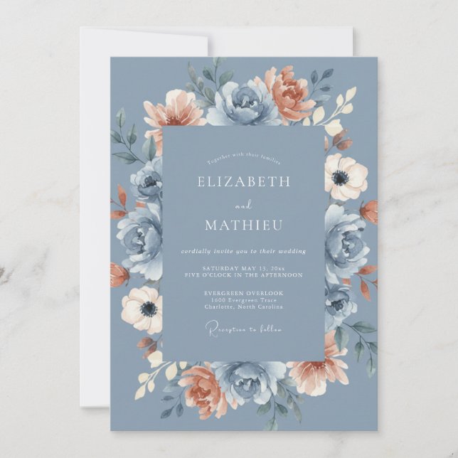 Invitation Mariage Fleurissant à la Pêche Bleue (Devant)