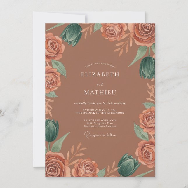 Invitation Mariage Fleurissant à la Rose en Terracotta (Devant)