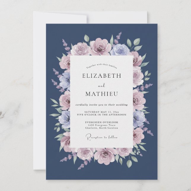 Invitation Mariage Fleurissant à la Rose Navy (Devant)