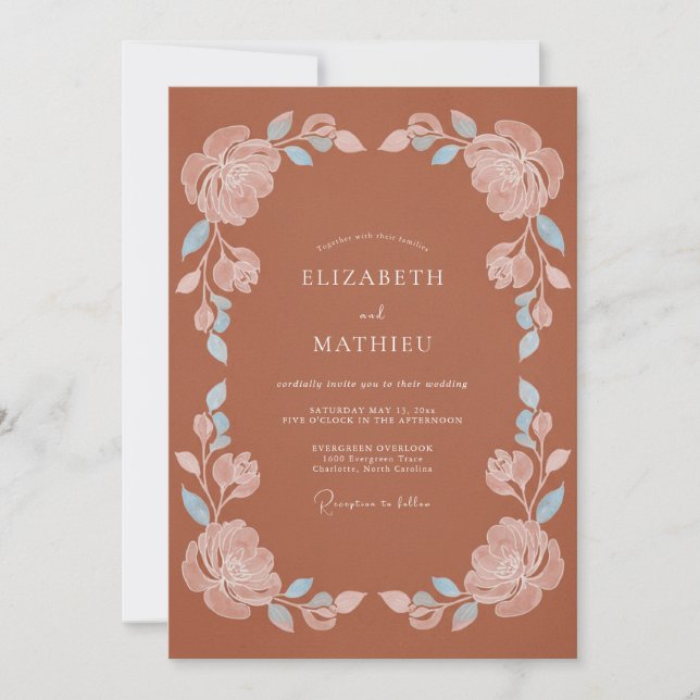 Invitation Mariage Fleurissant à la Terre Cuite Pastel (Devant)