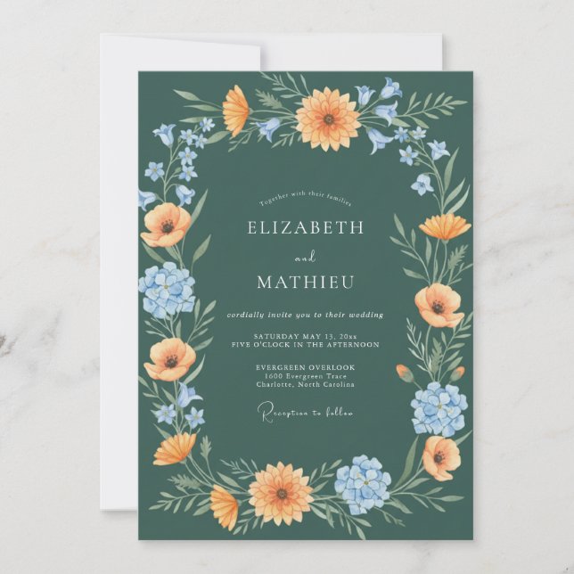 Invitation Mariage Fleurissant à l'Arche Florale Vert Profond (Devant)