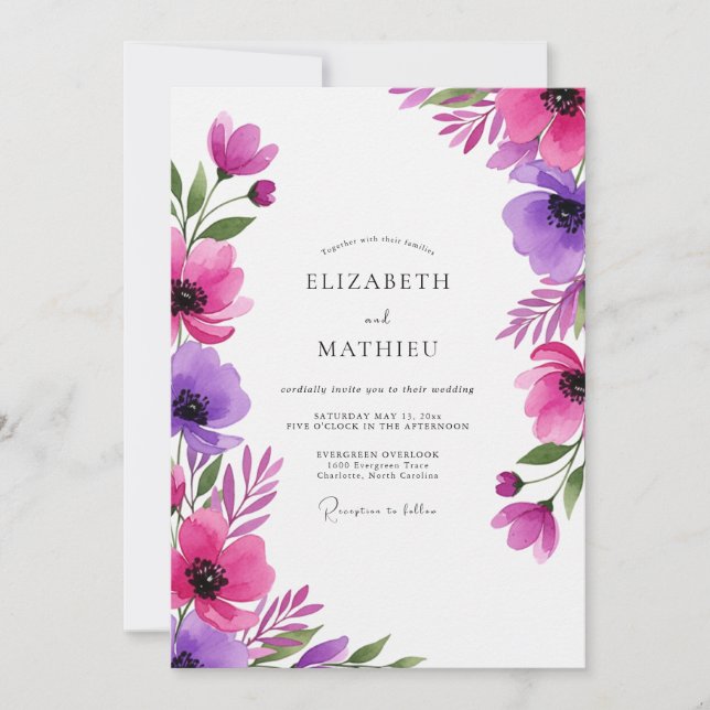 Invitation Mariage Fleurissant Artistique Magenta Violet (Devant)