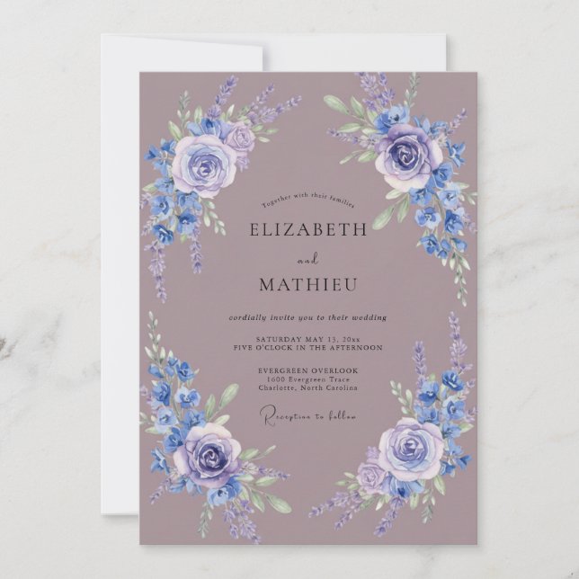 Invitation Mariage Fleurissant Bleu Lavande (Devant)