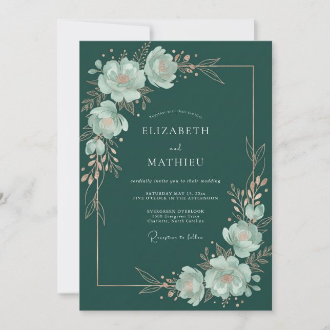 Invitation Mariage Fleurissant Botanique Teal (Devant)