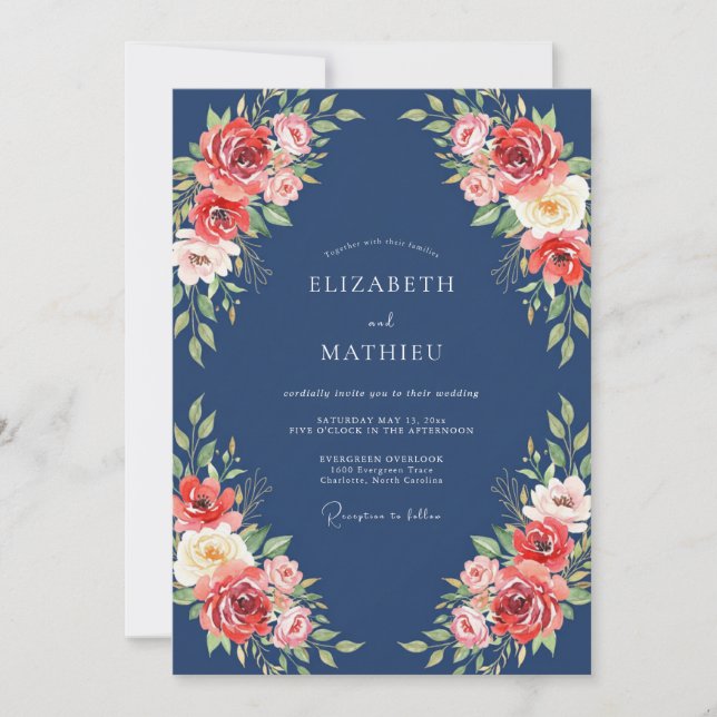 Invitation Mariage Fleurissant de Corail de la Marine (Devant)