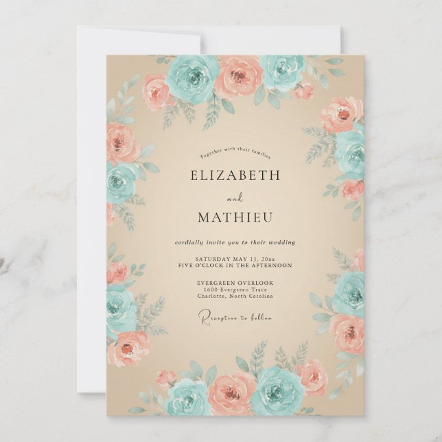 Invitation Mariage Fleurissant de Pêche Sarcelle (Devant)