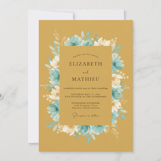Invitation Mariage Fleurissant de Teinte Cyan (Devant)