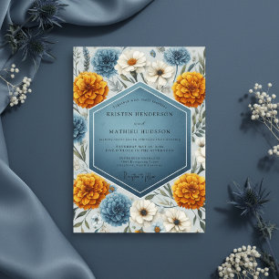 Invitation Mariage Fleurissant en Bleu Poussiéreux d'Automne