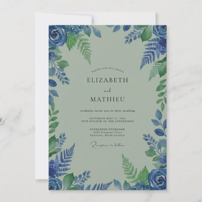 Invitation Mariage Fleurissant Feuille Bleue (Devant)