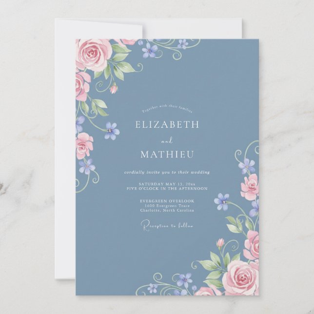 Invitation Mariage Fleurissant Fleur Bleue Poussiéreuse (Devant)