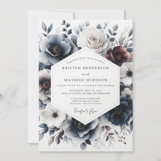 Invitation Mariage Fleurissant Indigo Hiver (Devant)