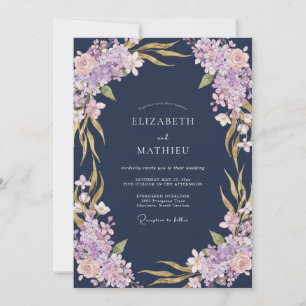 Invitation Mariage Fleurissant Lavande Bleu Marine