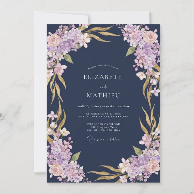 Invitation Mariage Fleurissant Lavande Bleu Marine (Devant)