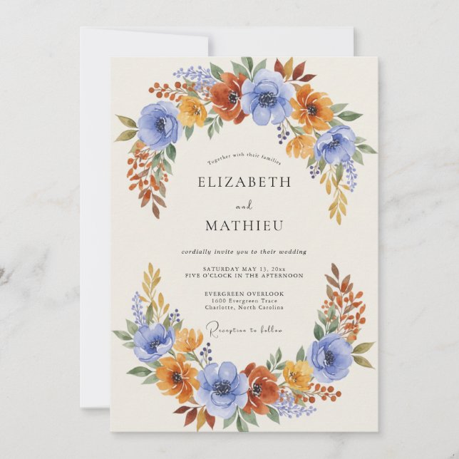 Invitation Mariage Fleurissant Orange Bleu Automne (Devant)