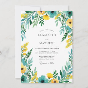 Invitation Mariage Fleurissant Romance Jaune Turquoise