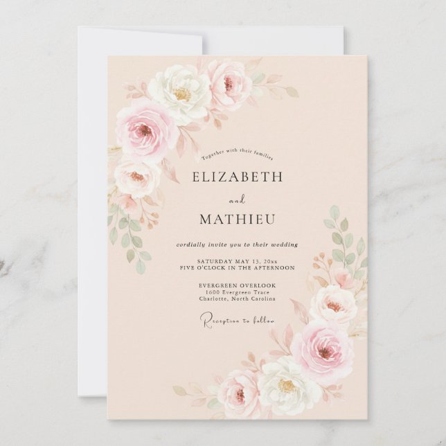 Invitation Mariage Fleurissant Rose Douce Pêche (Devant)