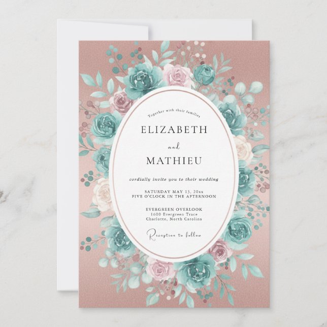 Invitation Mariage Fleurissant Rose Téard Romantique (Devant)