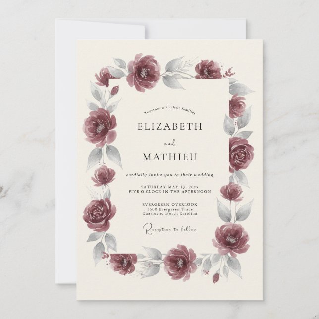 Invitation Mariage Fleurissant Rouge Bordeaux (Devant)