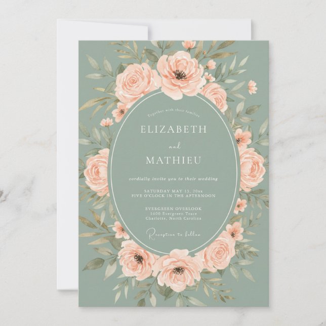 Invitation Mariage Fleurissant Vert Sauge (Devant)