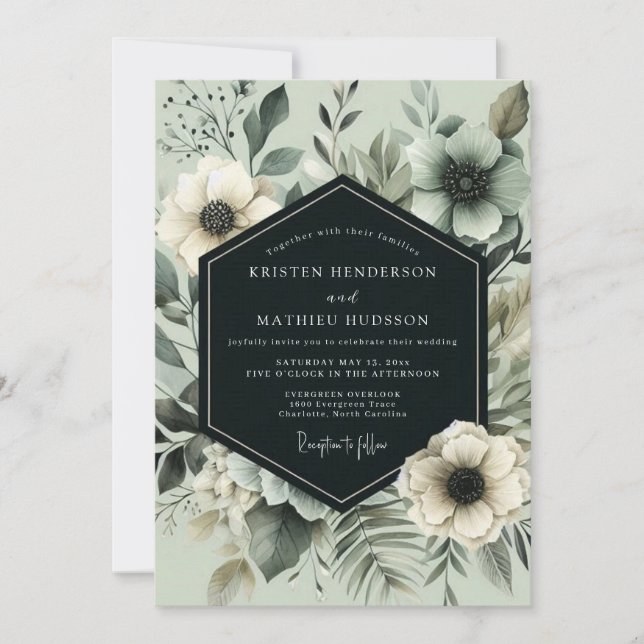 Invitation Mariage Fleurissant Vert Sauge (Devant)