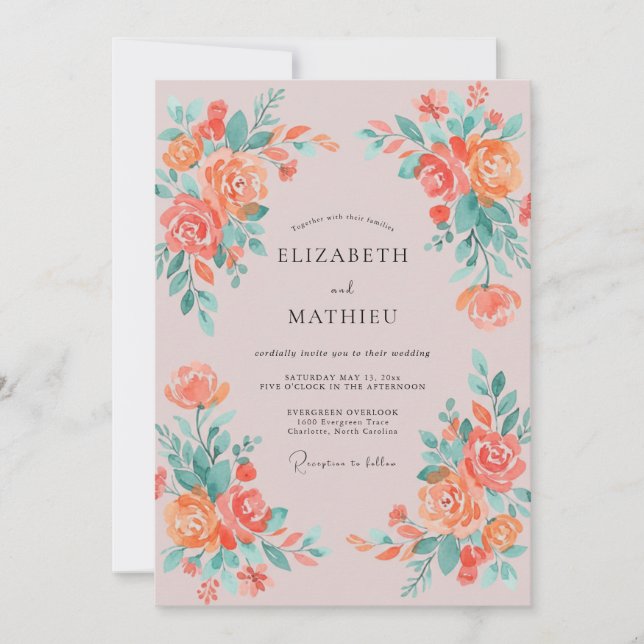 Invitation Mariage Fleurissement Impressionniste de Corail (Devant)
