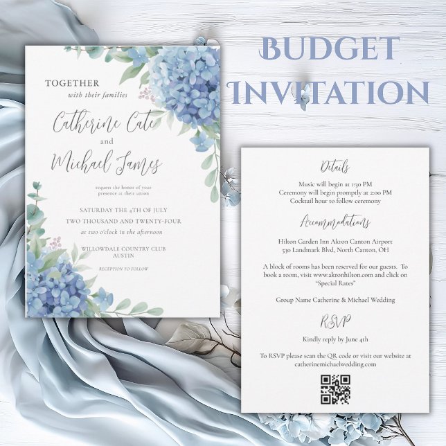 Invitation Mariage Fleuriste à Budget avec Hydrangea Bleu (Créateur téléchargé)