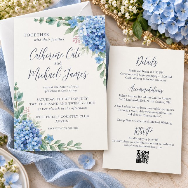 Invitation Mariage Fleuriste à Budget avec Hydrangea Bleu (Créateur téléchargé)