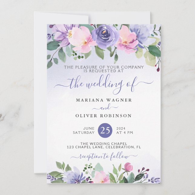 Invitation Mariage Fleuriste à l'Aquarelle Bleu-Pervenche et  (Devant)