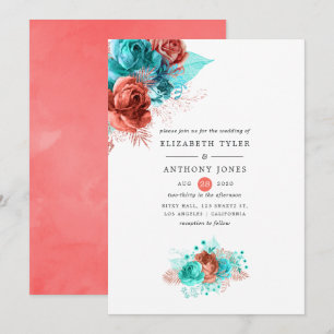 Invitation Mariage Fleuriste Corail Vivant et Turquoise