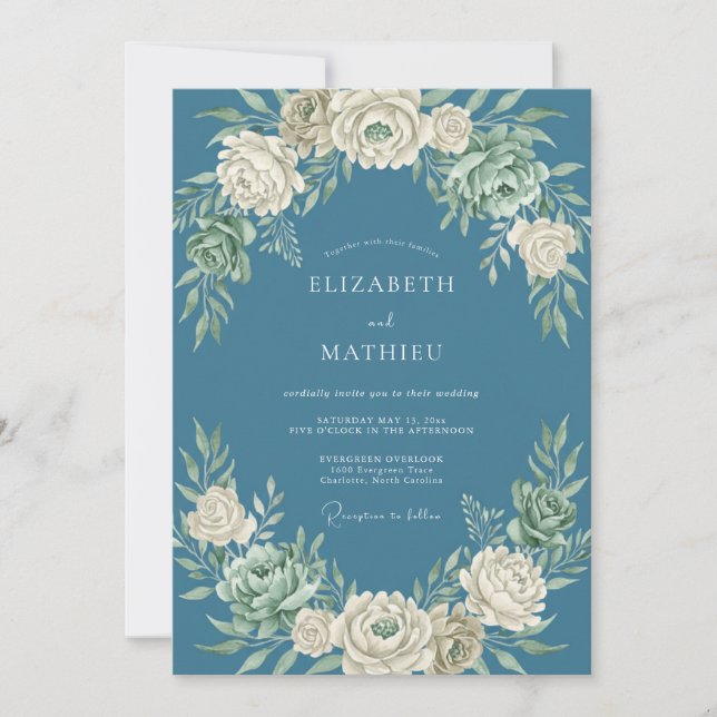 Invitation Mariage Fleuriste Crème Bleu Poussiéreux (Devant)