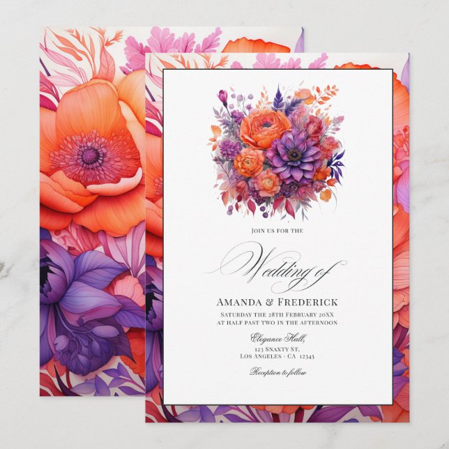 Invitation Mariage Fleuriste de Mandarine, Rose Chaud et Viol (Devant / Derrière)