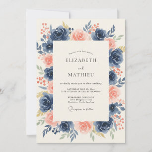 Invitation Mariage Fleuriste Distingué Bleu Marine