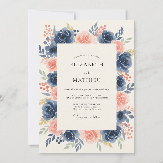 Invitation Mariage Fleuriste Distingué Bleu Marine (Devant)