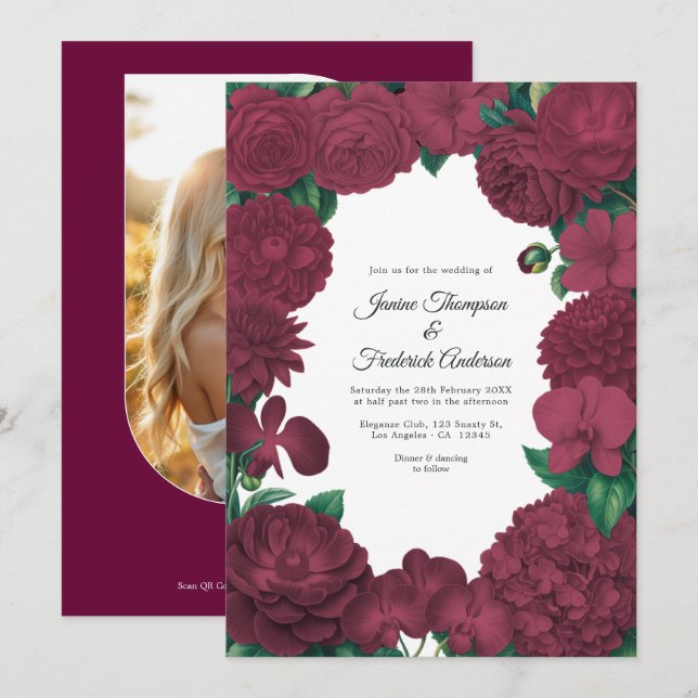 Invitation Mariage Fleuriste et Code QR Photo en Bourgogne (Devant / Derrière)