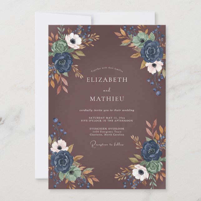 Invitation Mariage Fleuriste Navy Or Prune (Devant)