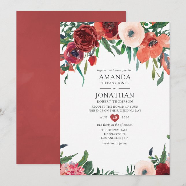 Invitation Mariage Fleuriste Orange Brûlé et Rose (Devant / Derrière)