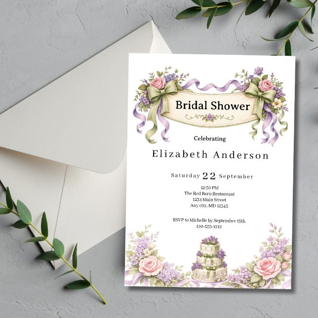 Invitation Mariage Fleuriste Rose Violet Vert Sauge (Purple Pink Sage green florals cake Bridal Shower Invitation. Printed or Digital Download)
