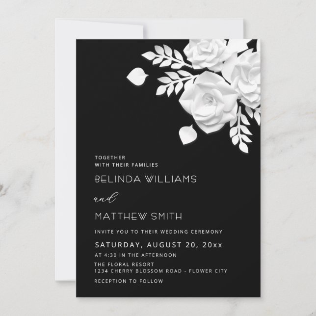 Invitation Mariage Fleurs 3D Noir Et Blanc  (Devant)