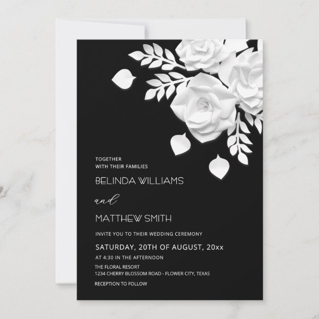 Invitation Mariage Fleurs 3D Noir Et Blanc  (Devant)