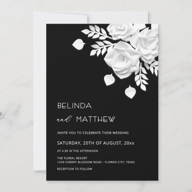Invitation Mariage Fleurs 3D Noir Et Blanc  (Devant)